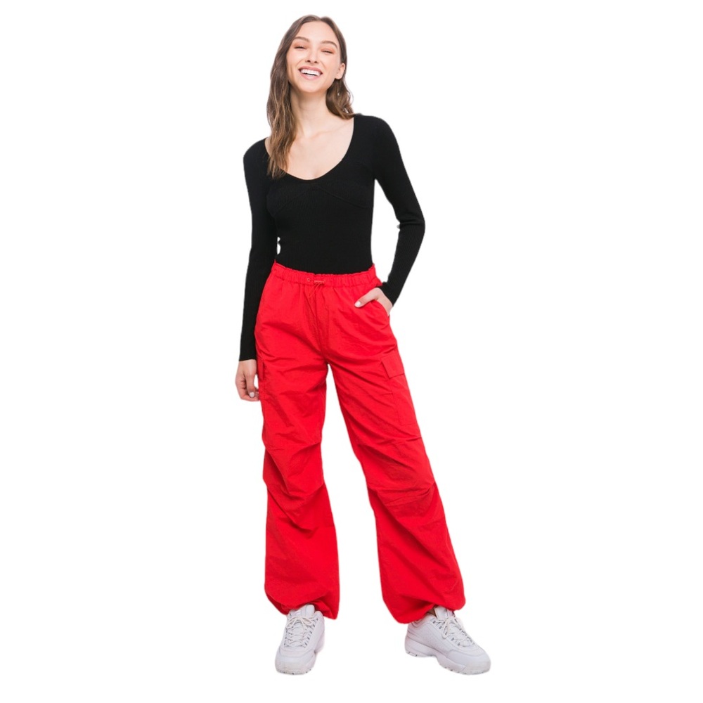 Tomato Red Loose Fit Parachute Cargo Pants W/Pull String NWT